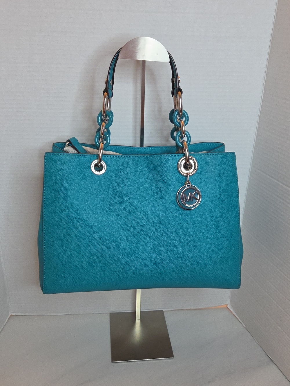 Michael Kors Cynthia Medium Satchel Teal Saffiano Leather
